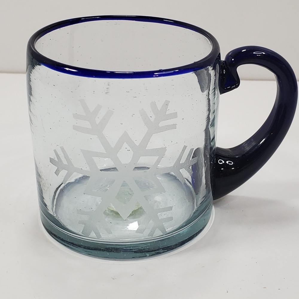Vtg Copavic R.L. Recycled Eco-Glass Etched Snowflake Mug Cobalt Handle Guatemala